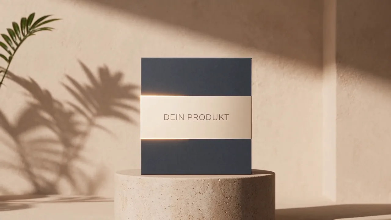 Arbeitsprobe: Produktspot – eine Box mit der Aufschrift „DEIN PRODUKT“ entsteht in der Luft und landet auf einem Sockel